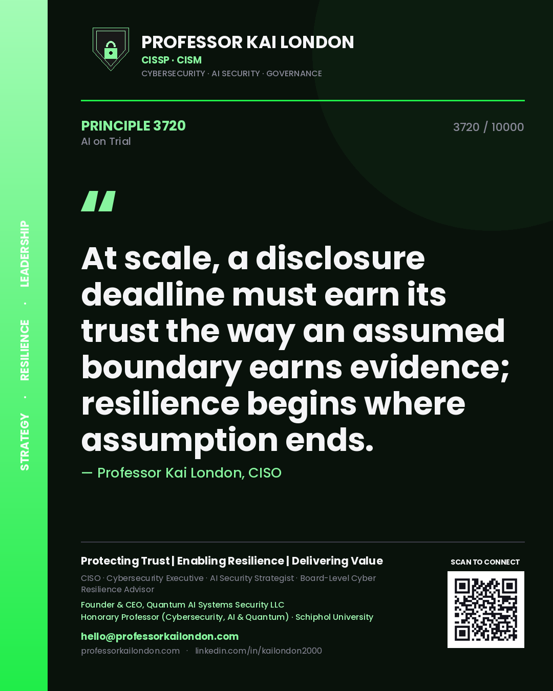 Professor Kai London principle 3720: At scale, a disclosure deadline must earn its trust the way an assumed boundary earns evidence; resilience begins where assumption ends.