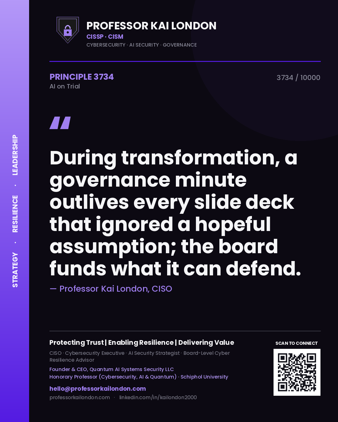 Professor Kai London principle 3734: During transformation, a governance minute outlives every slide deck that ignored a hopeful assumption; the board funds what it can defend.