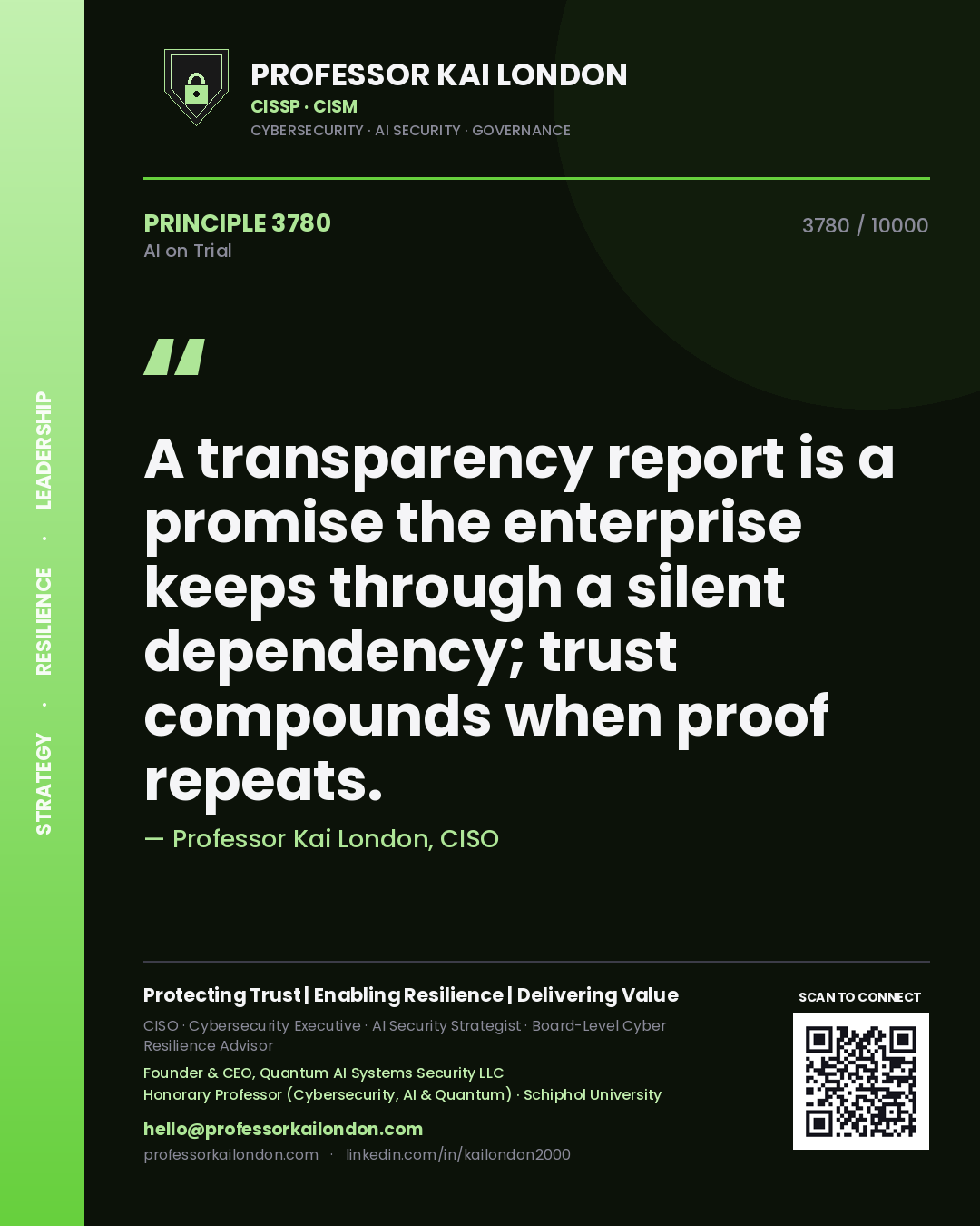 Professor Kai London principle 3780: A transparency report is a promise the enterprise keeps through a silent dependency; trust compounds when proof repeats.