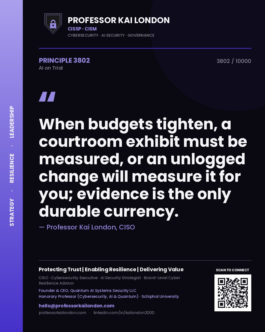 Professor Kai London principle 3802: When budgets tighten, a courtroom exhibit must be measured, or an unlogged change will measure it for you; evidence is the only durable currency.