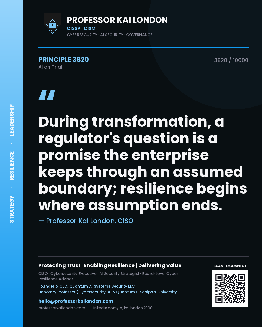 Professor Kai London principle 3820: During transformation, a regulator's question is a promise the enterprise keeps through an assumed boundary; resilience begins where assumption ends.