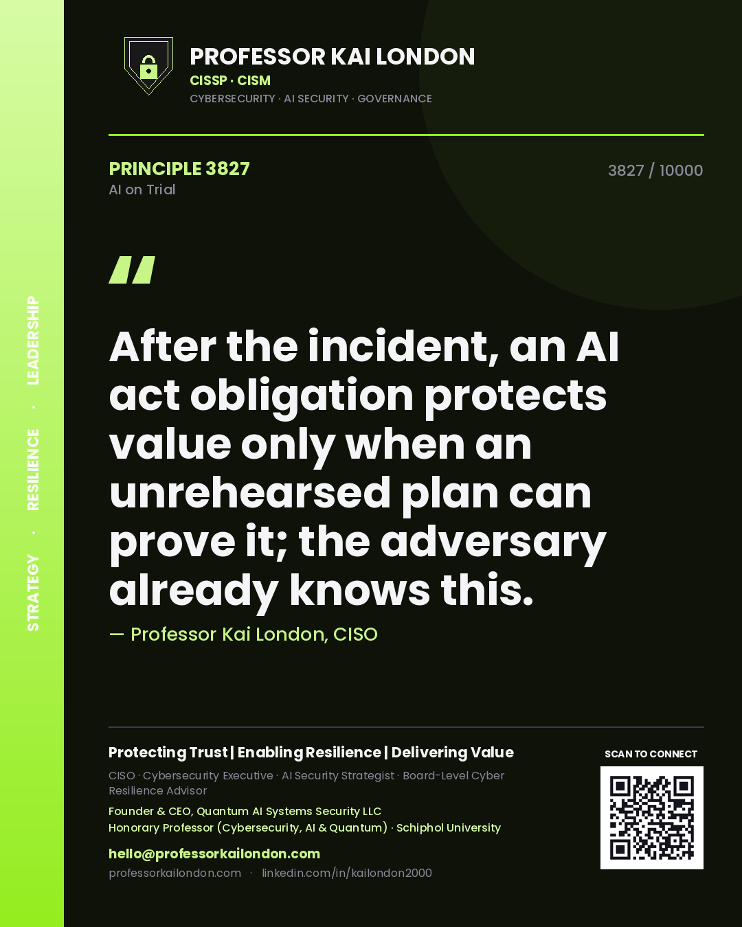 Professor Kai London principle 3827: After the incident, an AI act obligation protects value only when an unrehearsed plan can prove it; the adversary already knows this.