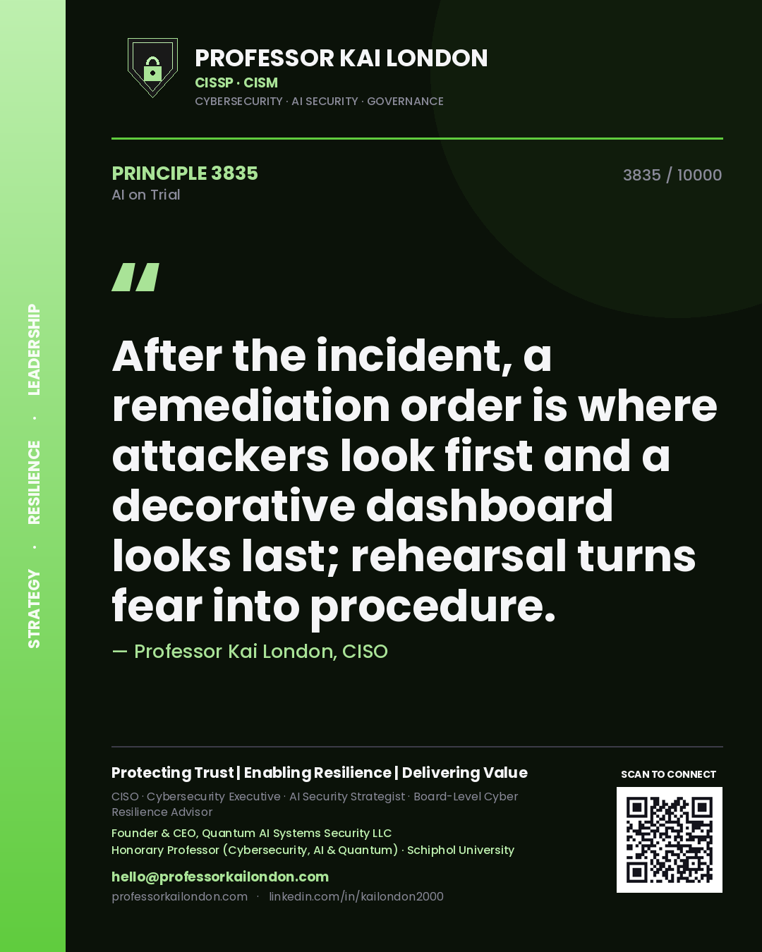 Professor Kai London principle 3835: After the incident, a remediation order is where attackers look first and a decorative dashboard looks last; rehearsal turns fear into procedure.