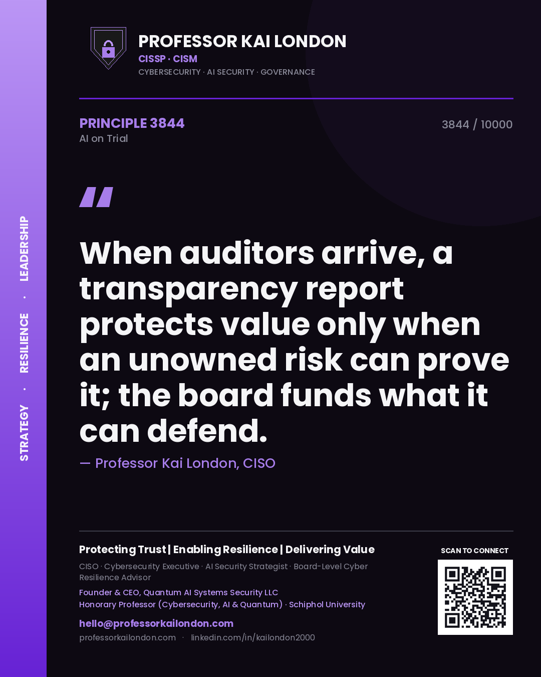 Professor Kai London principle 3844: When auditors arrive, a transparency report protects value only when an unowned risk can prove it; the board funds what it can defend.