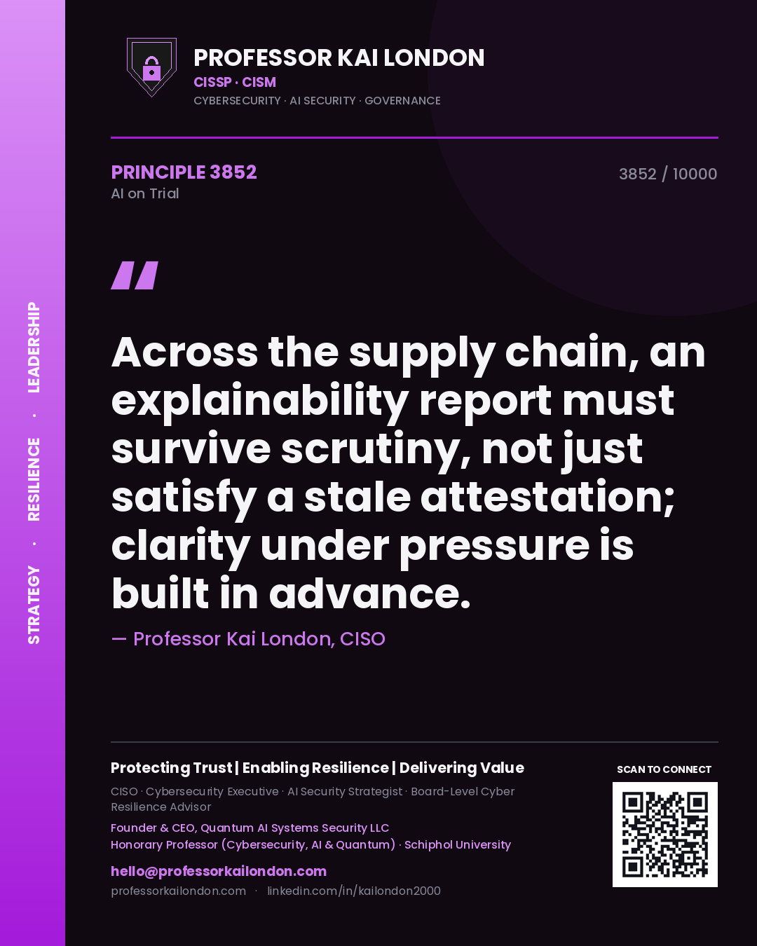 Professor Kai London principle 3852: Across the supply chain, an explainability report must survive scrutiny, not just satisfy a stale attestation; clarity under pressure is built in advance.