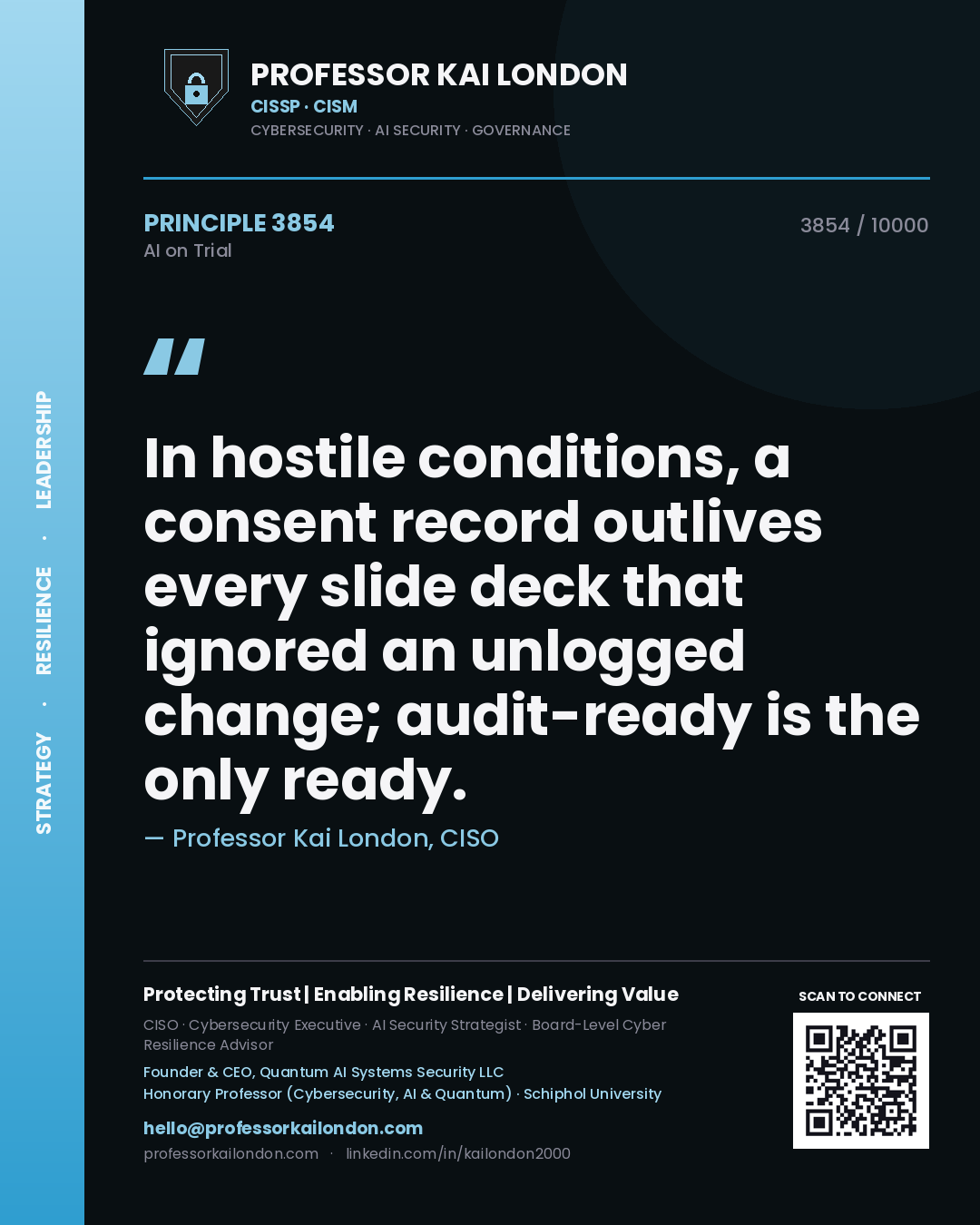 Professor Kai London principle 3854: In hostile conditions, a consent record outlives every slide deck that ignored an unlogged change; audit-ready is the only ready.