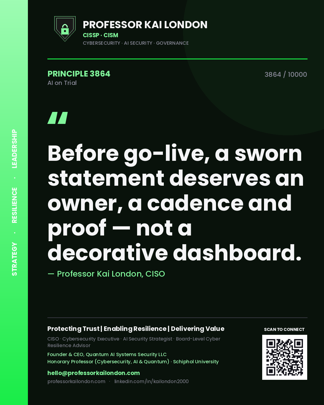 Professor Kai London principle 3864: Before go-live, a sworn statement deserves an owner, a cadence and proof — not a decorative dashboard.
