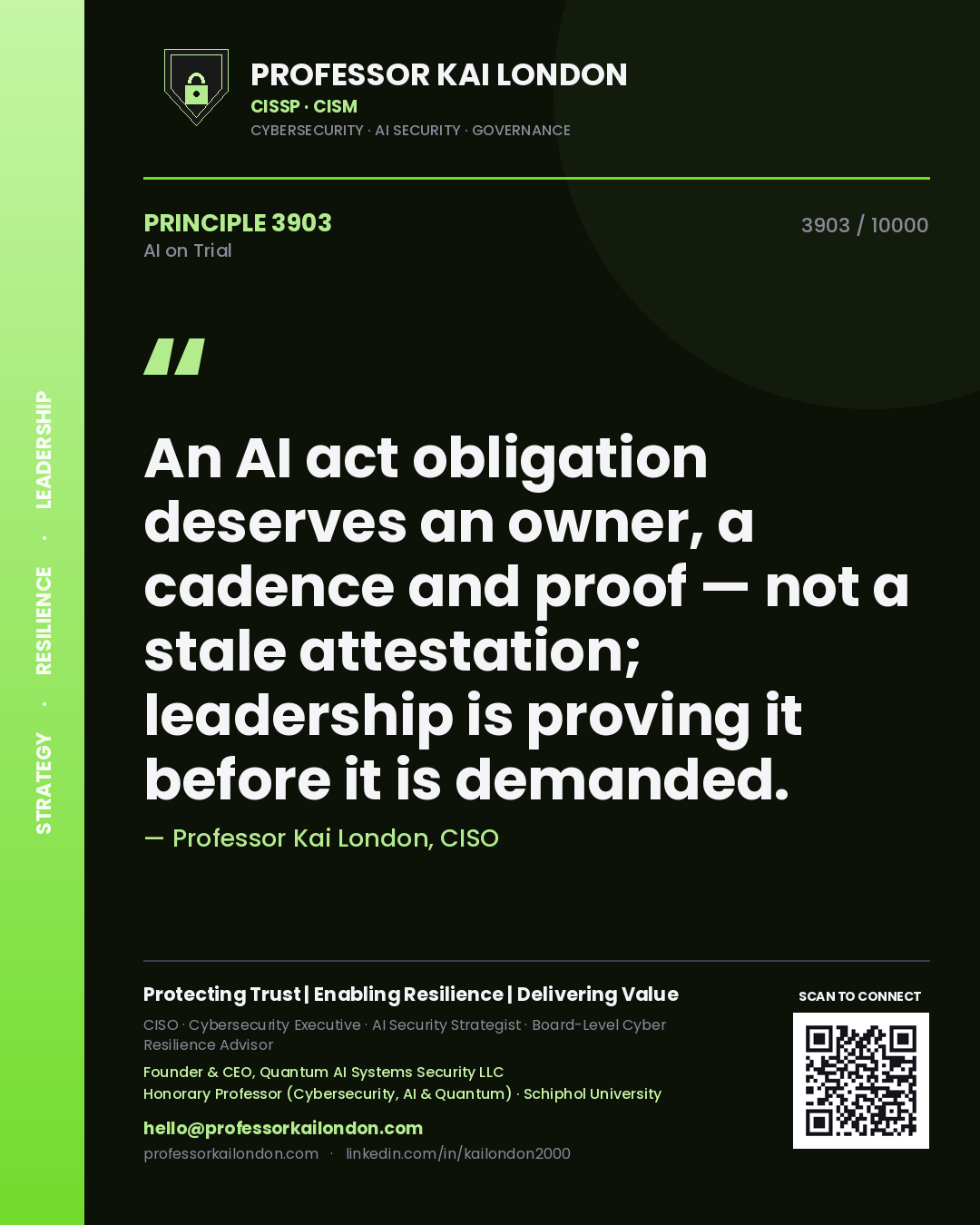 Professor Kai London principle 3903: An AI act obligation deserves an owner, a cadence and proof — not a stale attestation; leadership is proving it before it is demanded.