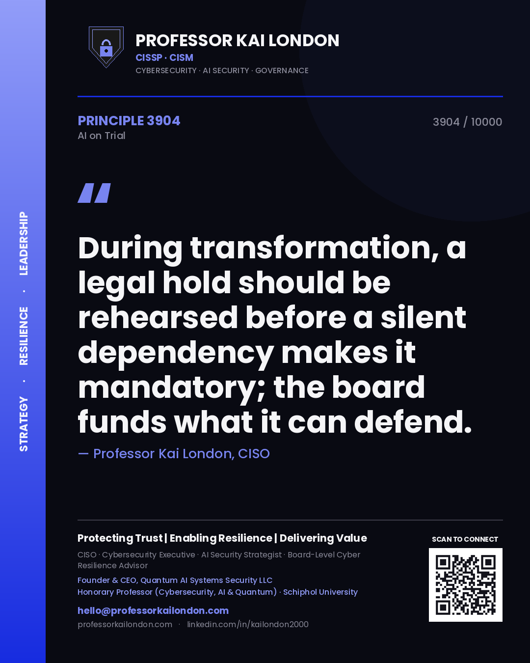 Professor Kai London principle 3904: During transformation, a legal hold should be rehearsed before a silent dependency makes it mandatory; the board funds what it can defend.