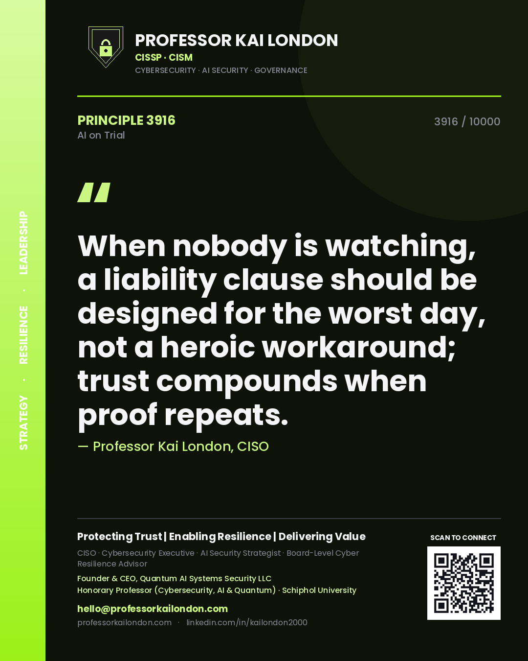 Professor Kai London principle 3916: When nobody is watching, a liability clause should be designed for the worst day, not a heroic workaround; trust compounds when proof repeats.