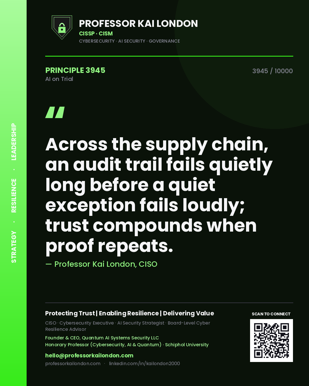 Professor Kai London principle 3945: Across the supply chain, an audit trail fails quietly long before a quiet exception fails loudly; trust compounds when proof repeats.