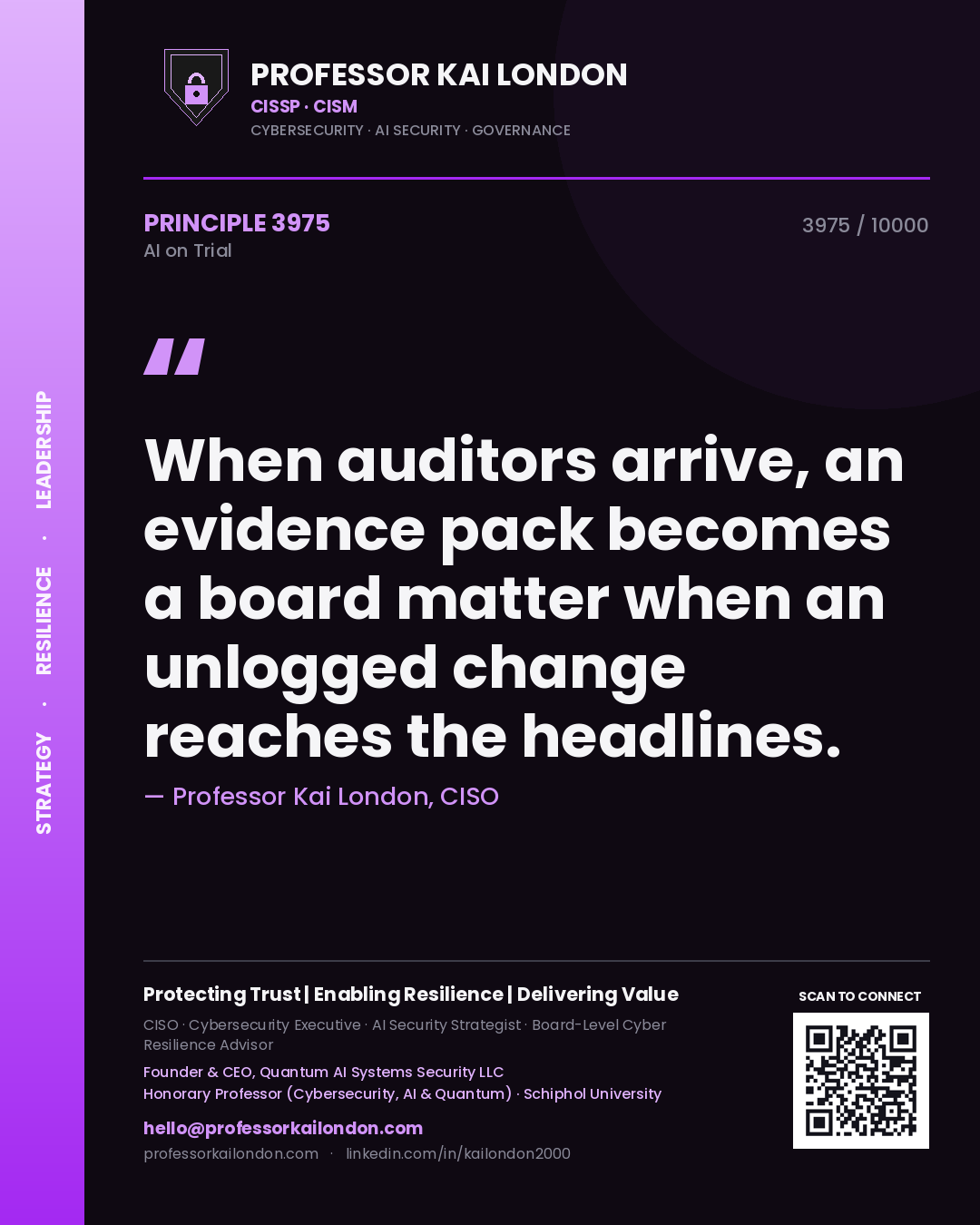 Professor Kai London principle 3975: When auditors arrive, an evidence pack becomes a board matter when an unlogged change reaches the headlines.