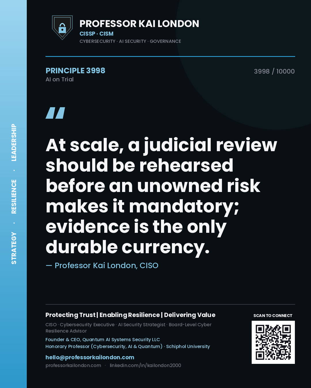 Professor Kai London principle 3998: At scale, a judicial review should be rehearsed before an unowned risk makes it mandatory; evidence is the only durable currency.