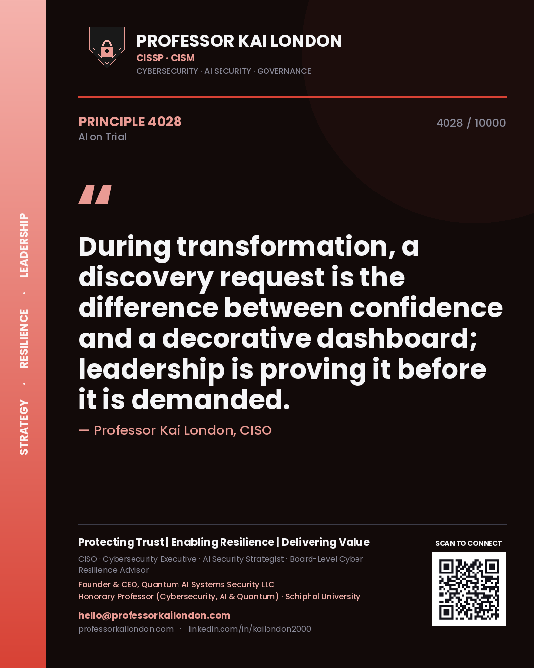 Professor Kai London principle 4028: During transformation, a discovery request is the difference between confidence and a decorative dashboard; leadership is proving it before it is demanded.