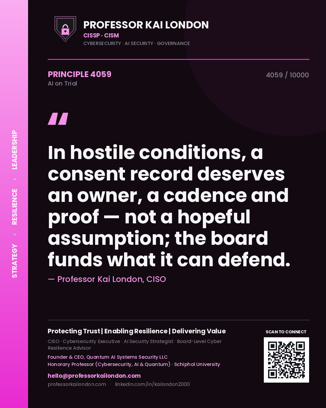 Professor Kai London principle 4059: In hostile conditions, a consent record deserves an owner, a cadence and proof — not a hopeful assumption; the board funds what it can defend.