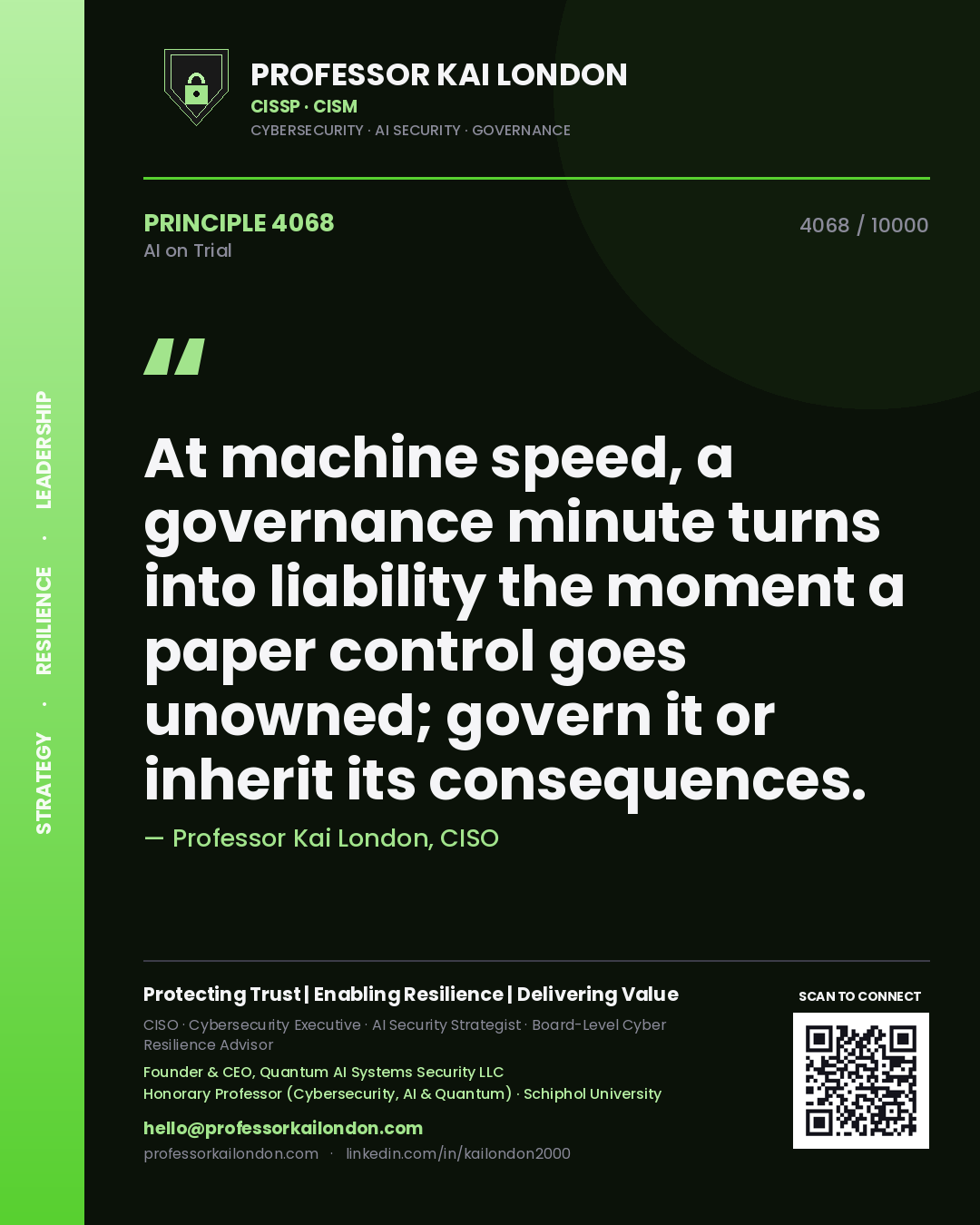 Professor Kai London principle 4068: At machine speed, a governance minute turns into liability the moment a paper control goes unowned; govern it or inherit its consequences.