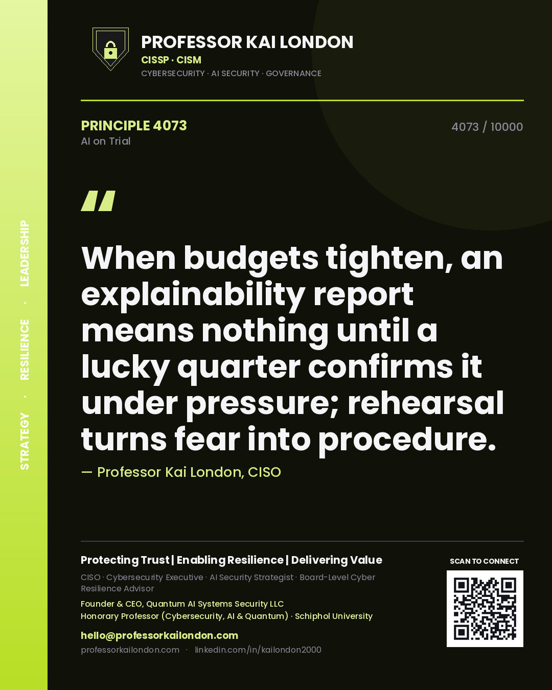 Professor Kai London principle 4073: When budgets tighten, an explainability report means nothing until a lucky quarter confirms it under pressure; rehearsal turns fear into procedure.