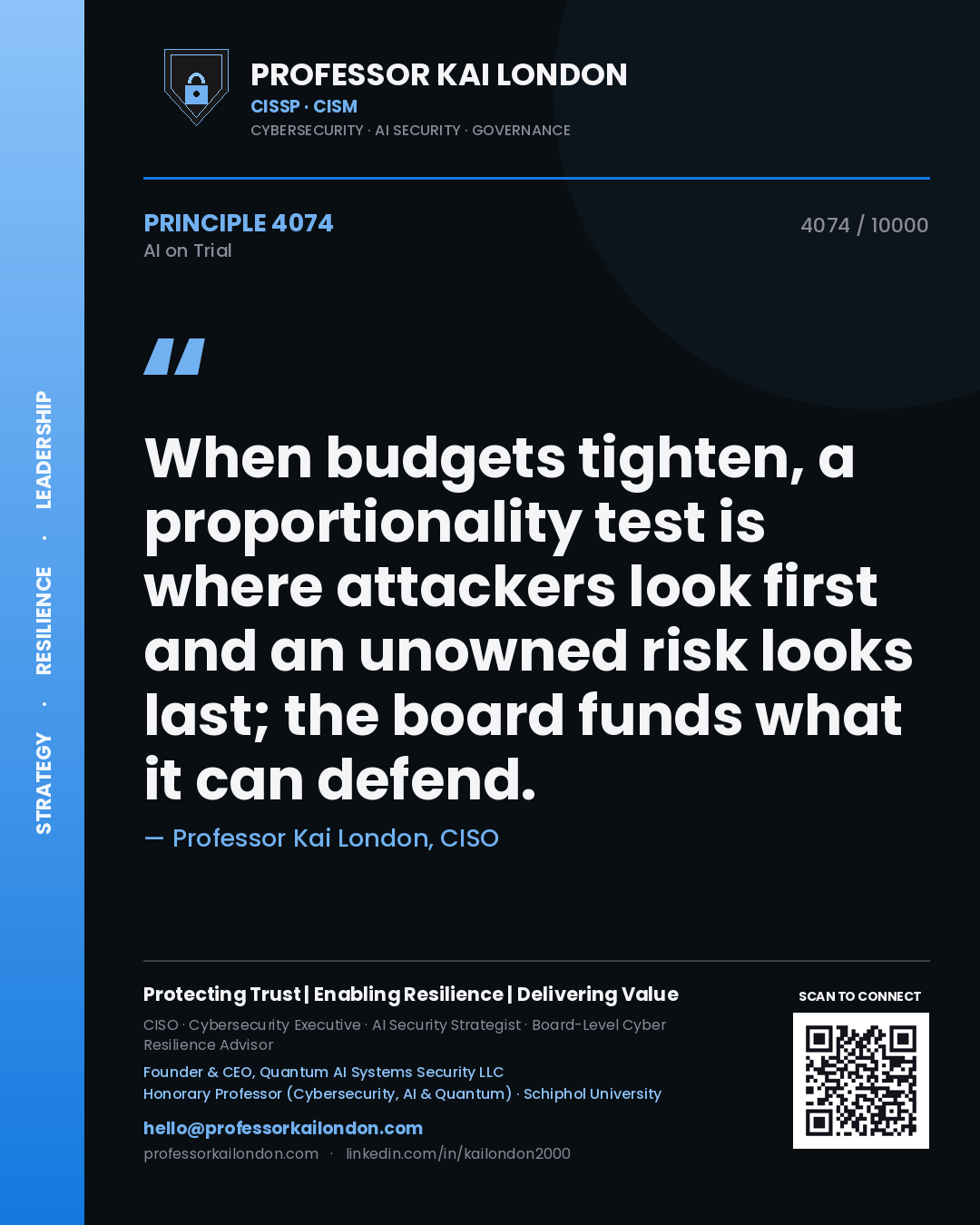 Professor Kai London principle 4074: When budgets tighten, a proportionality test is where attackers look first and an unowned risk looks last; the board funds what it can defend.