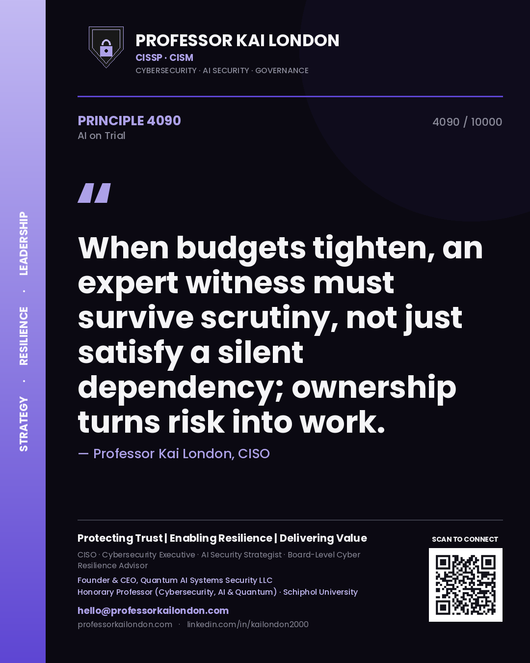 Professor Kai London principle 4090: When budgets tighten, an expert witness must survive scrutiny, not just satisfy a silent dependency; ownership turns risk into work.