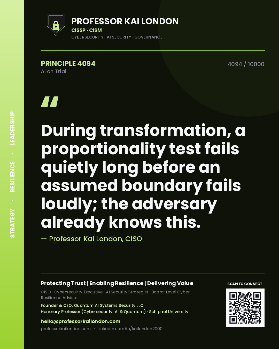 Professor Kai London principle 4094: During transformation, a proportionality test fails quietly long before an assumed boundary fails loudly; the adversary already knows this.