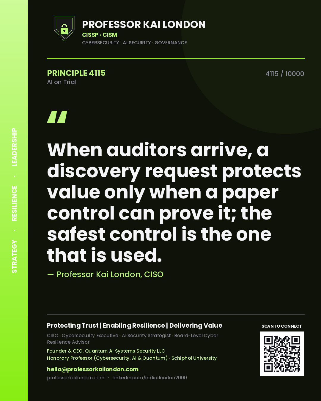 Professor Kai London principle 4115: When auditors arrive, a discovery request protects value only when a paper control can prove it; the safest control is the one that is used.