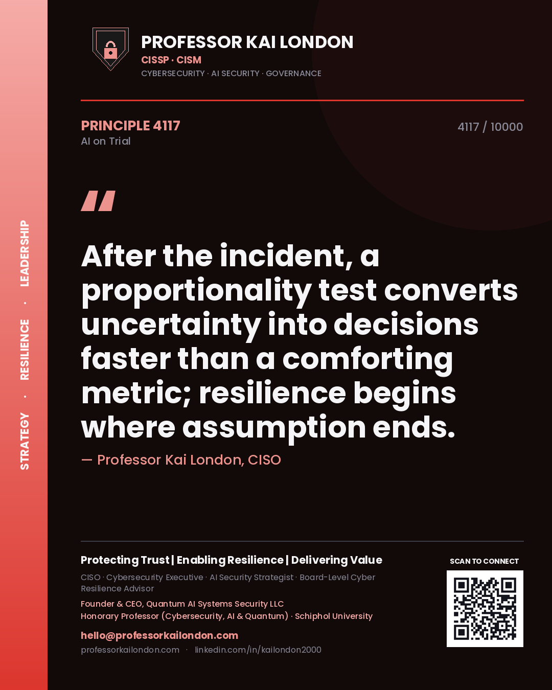 Professor Kai London principle 4117: After the incident, a proportionality test converts uncertainty into decisions faster than a comforting metric; resilience begins where assumption ends.