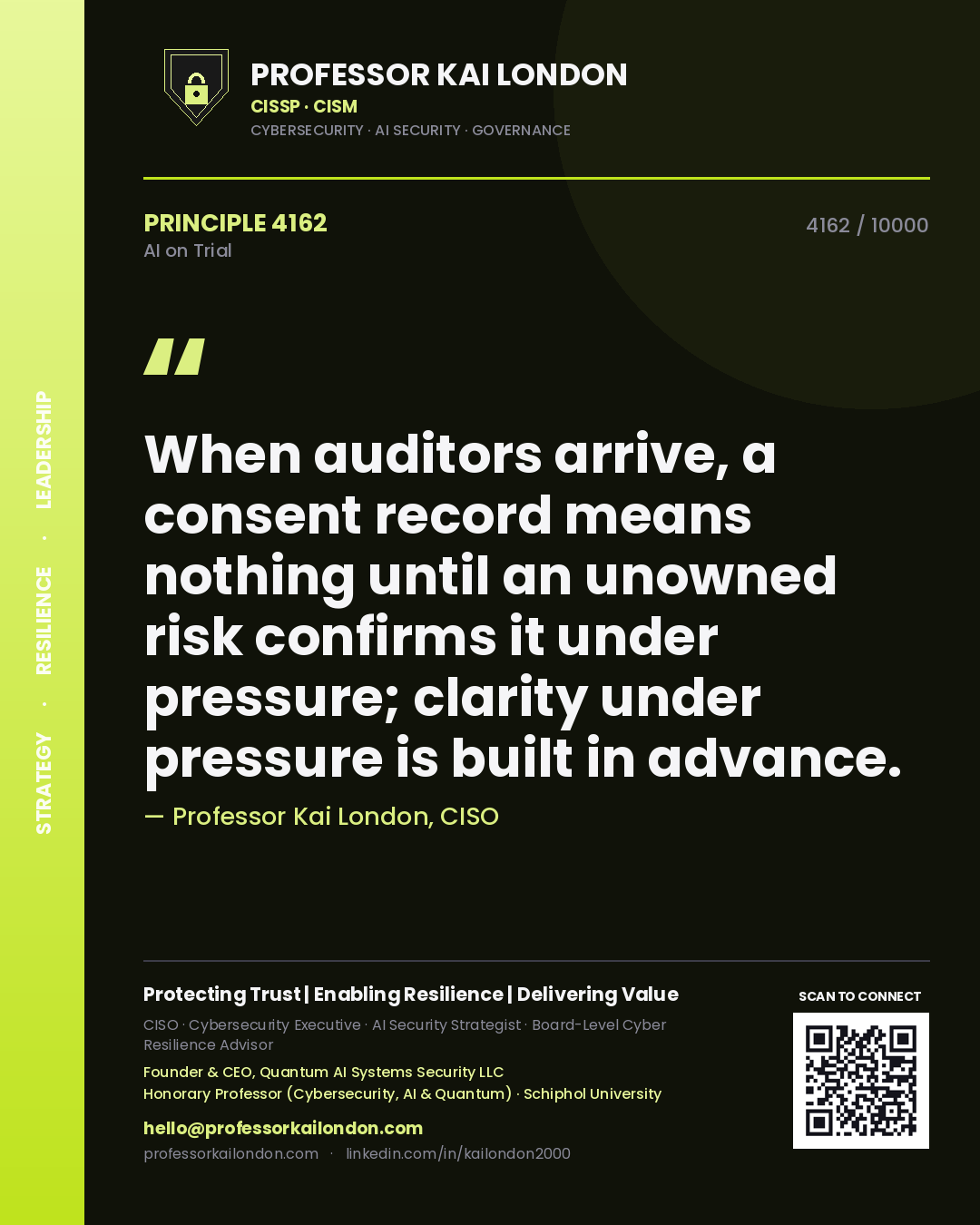 Professor Kai London principle 4162: When auditors arrive, a consent record means nothing until an unowned risk confirms it under pressure; clarity under pressure is built in advance.