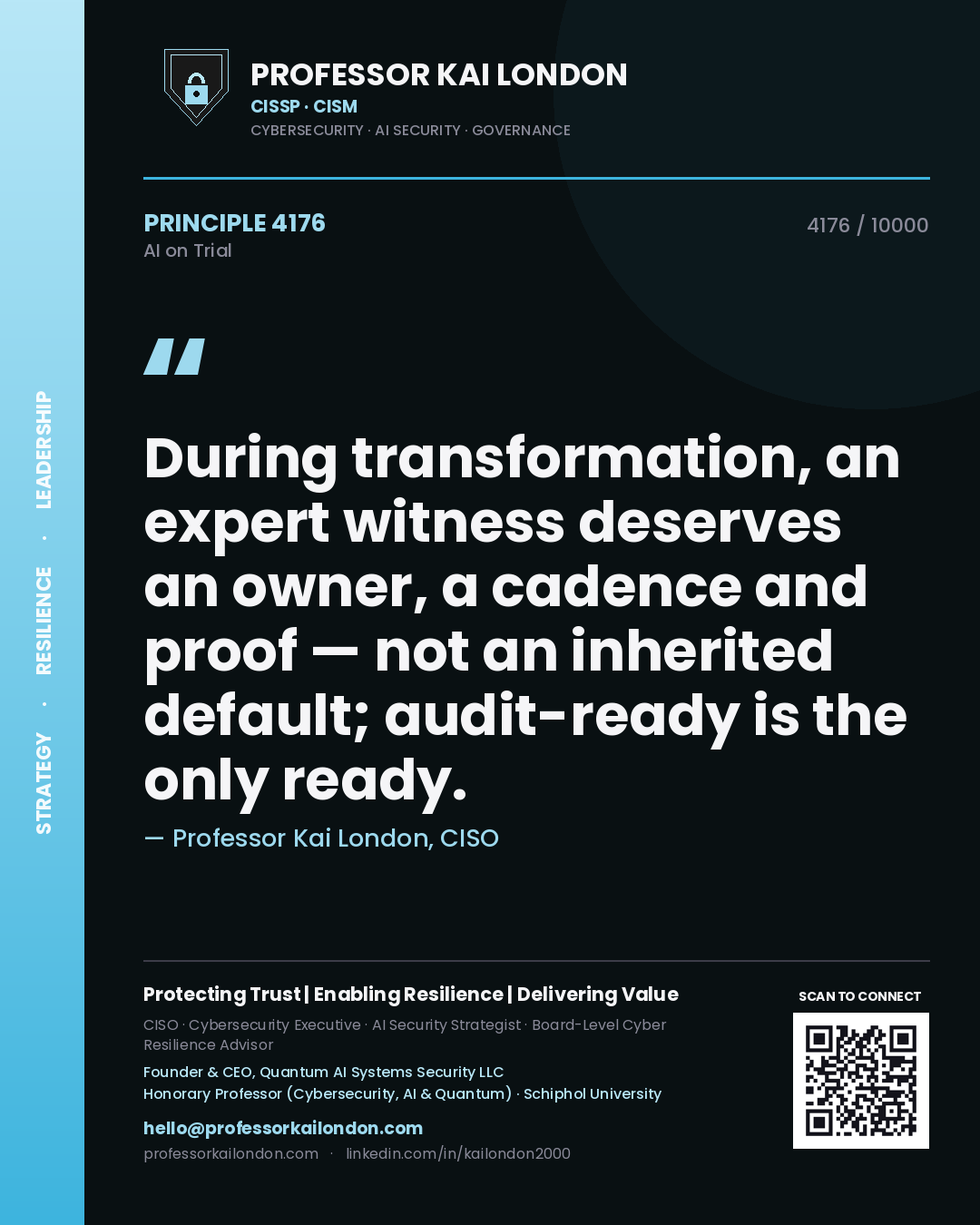 Professor Kai London principle 4176: During transformation, an expert witness deserves an owner, a cadence and proof — not an inherited default; audit-ready is the only ready.