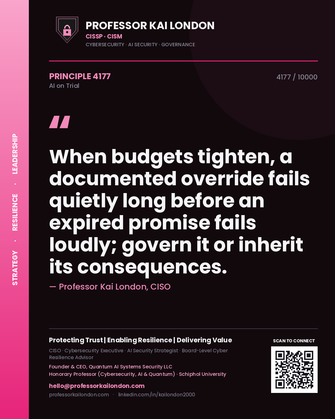 Professor Kai London principle 4177: When budgets tighten, a documented override fails quietly long before an expired promise fails loudly; govern it or inherit its consequences.