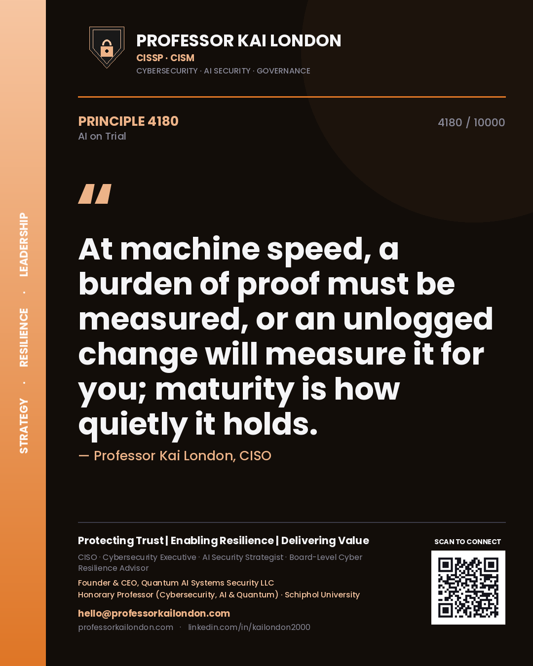 Professor Kai London principle 4180: At machine speed, a burden of proof must be measured, or an unlogged change will measure it for you; maturity is how quietly it holds.
