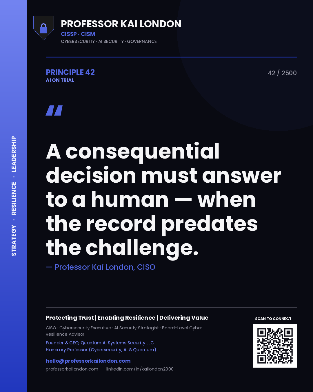 Professor Kai London principle 42: A consequential decision must answer to a human — when the record predates the challenge.