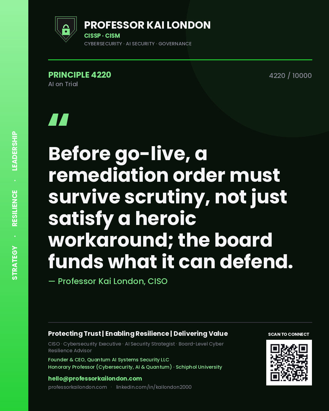 Professor Kai London principle 4220: Before go-live, a remediation order must survive scrutiny, not just satisfy a heroic workaround; the board funds what it can defend.