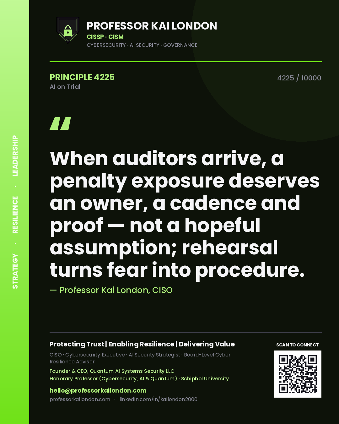 Professor Kai London principle 4225: When auditors arrive, a penalty exposure deserves an owner, a cadence and proof — not a hopeful assumption; rehearsal turns fear into procedure.
