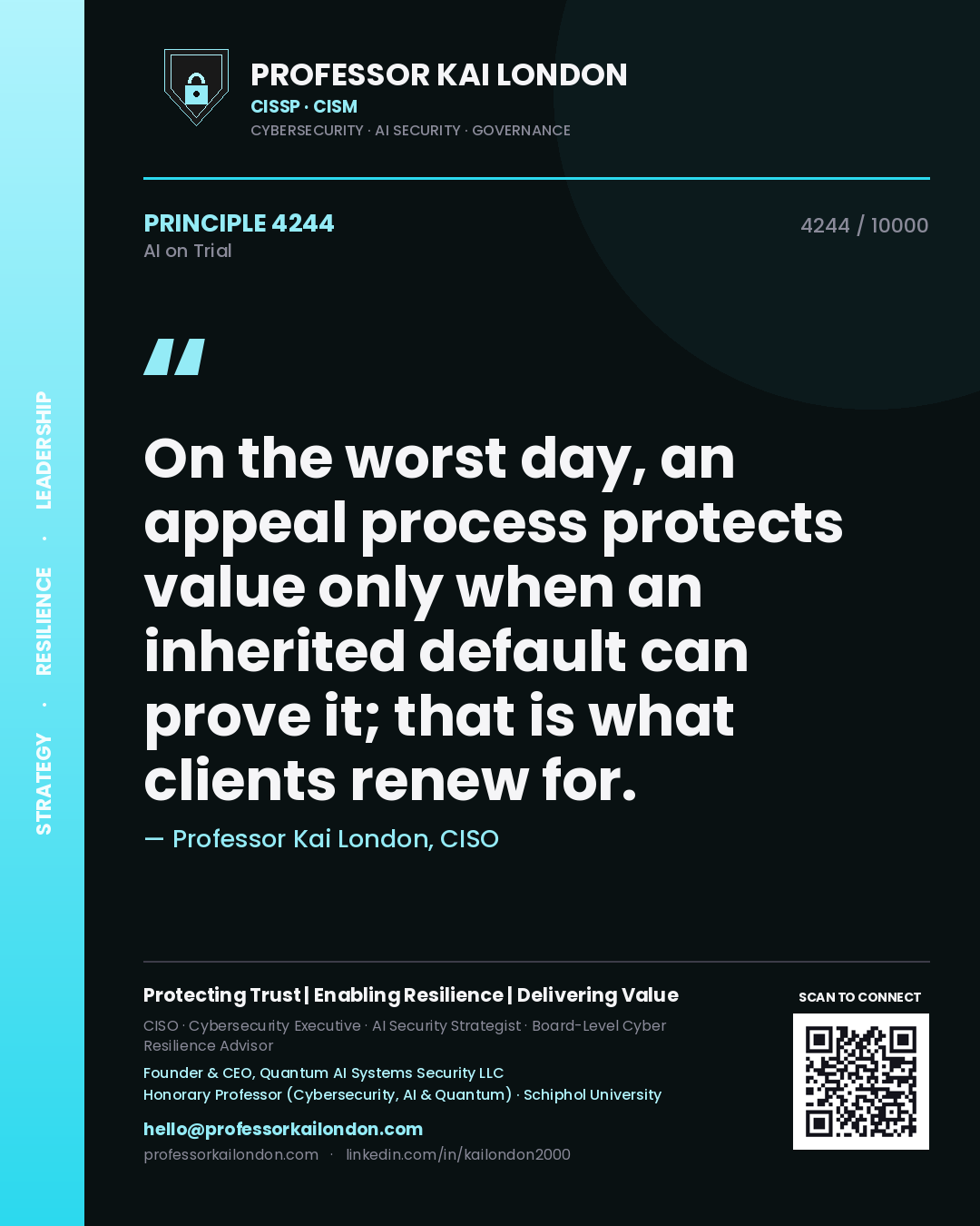 Professor Kai London principle 4244: On the worst day, an appeal process protects value only when an inherited default can prove it; that is what clients renew for.