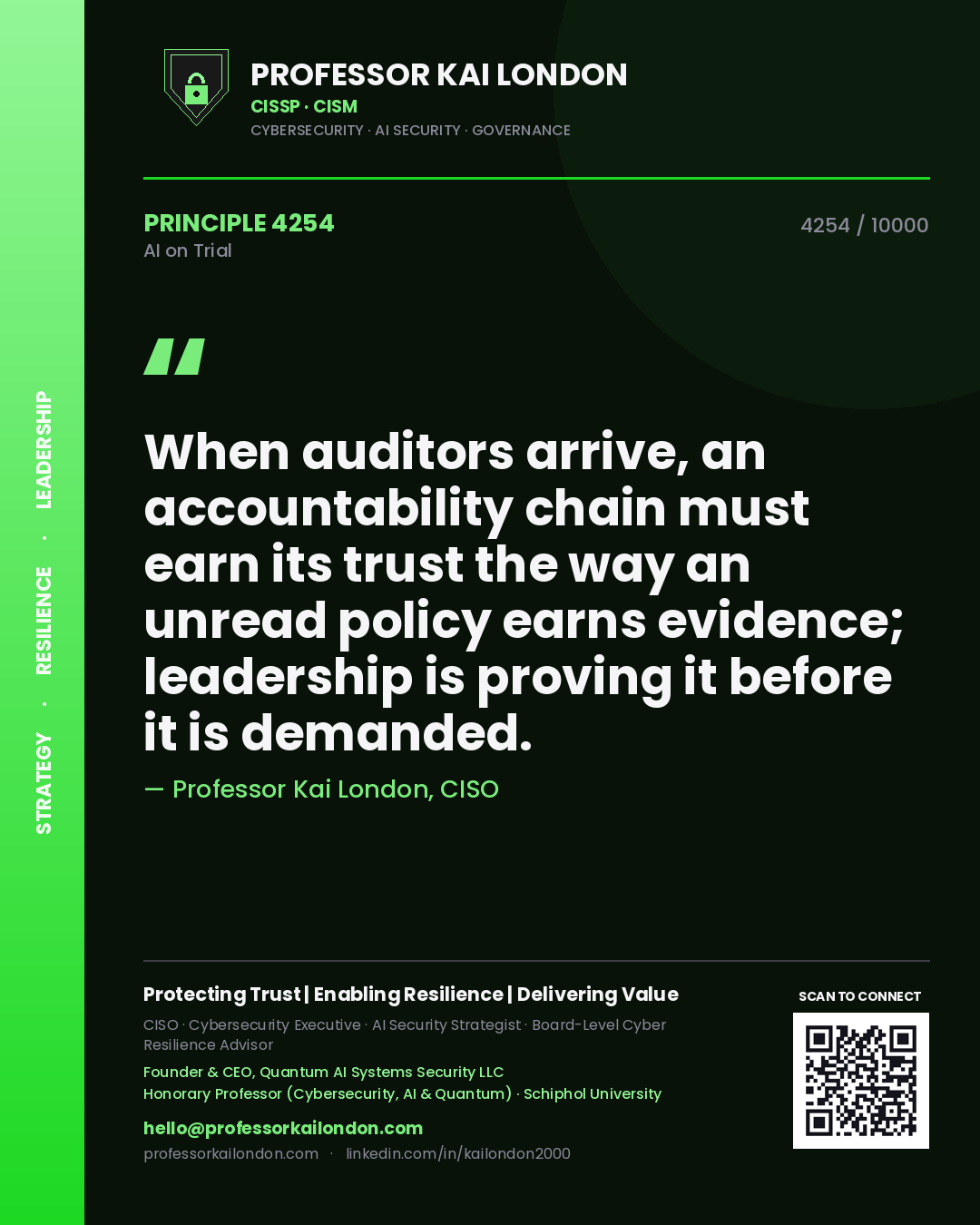 Professor Kai London principle 4254: When auditors arrive, an accountability chain must earn its trust the way an unread policy earns evidence; leadership is proving it before it is demanded.