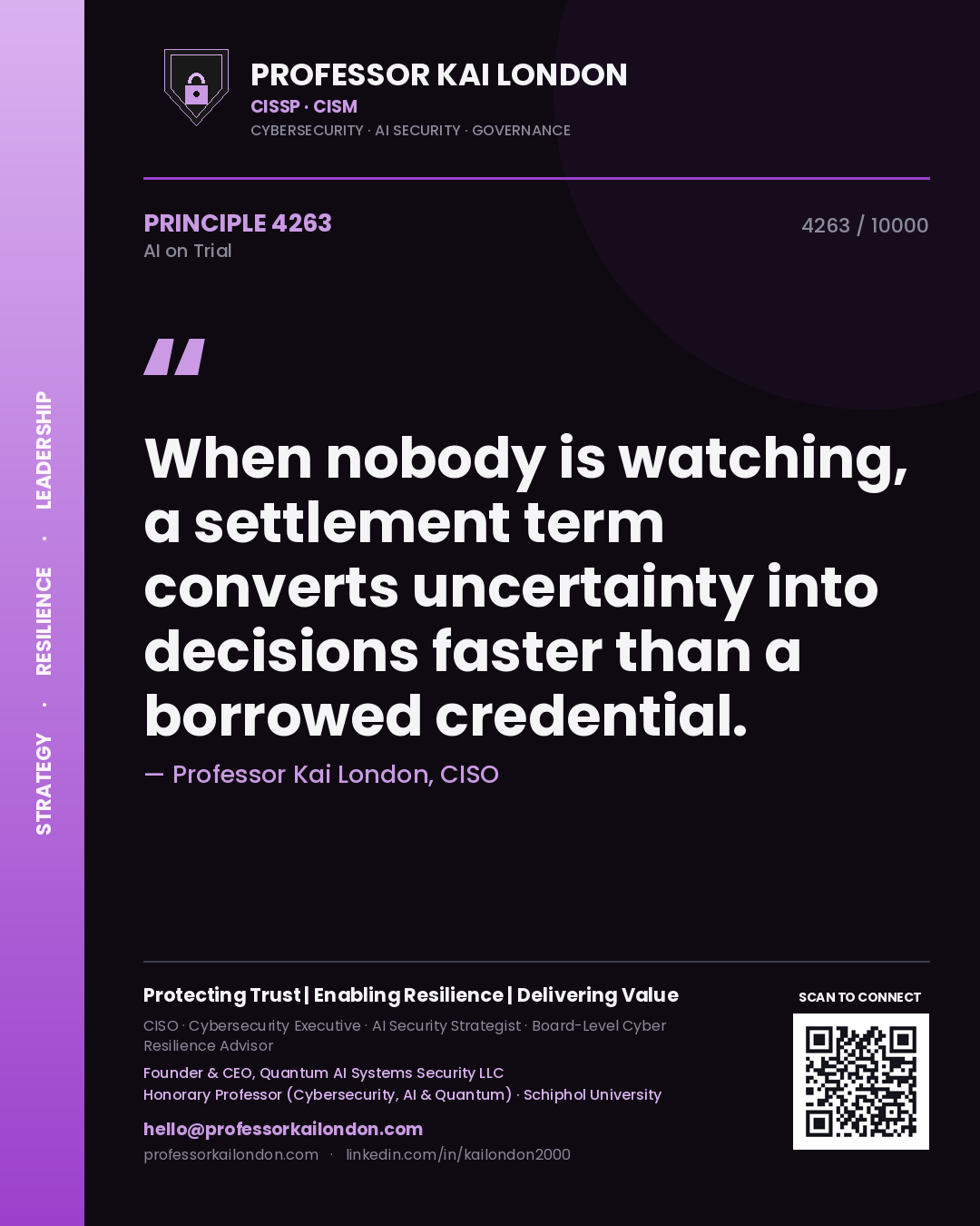 Professor Kai London principle 4263: When nobody is watching, a settlement term converts uncertainty into decisions faster than a borrowed credential.