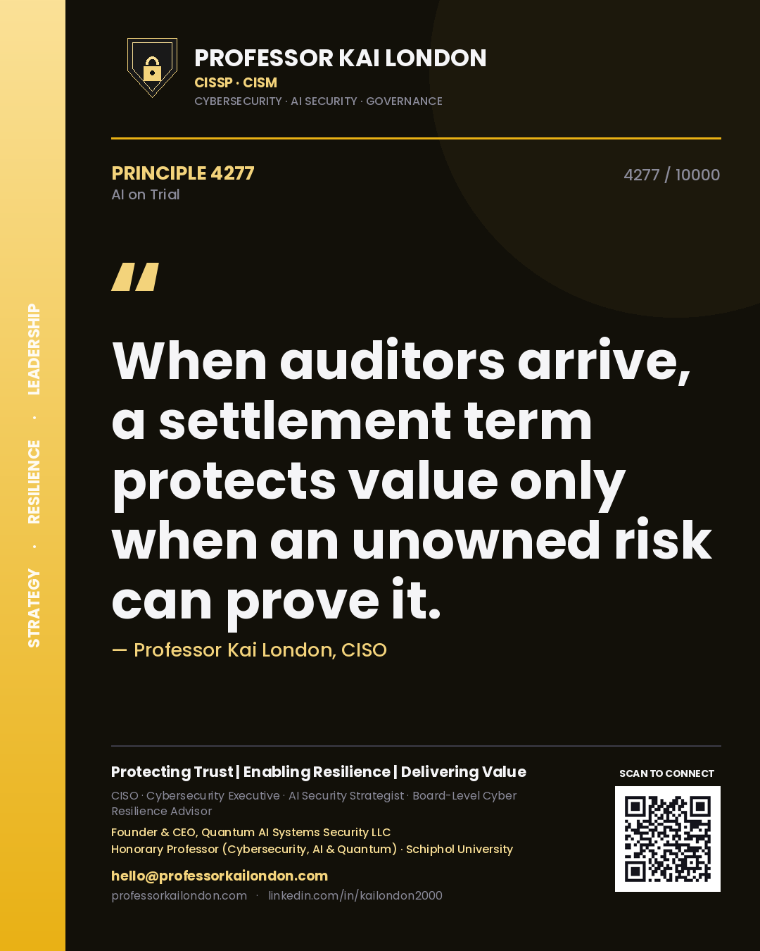 Professor Kai London principle 4277: When auditors arrive, a settlement term protects value only when an unowned risk can prove it.