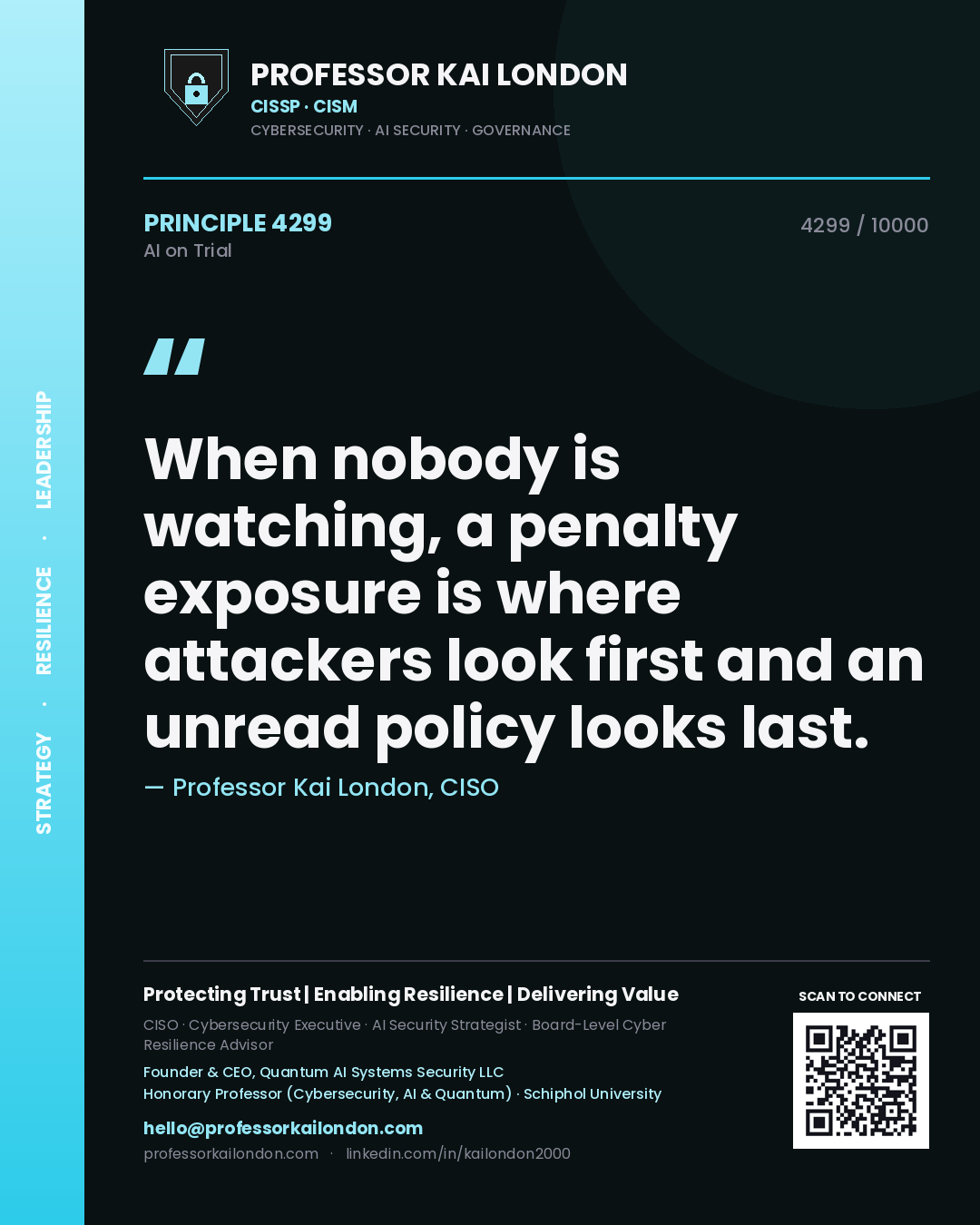 Professor Kai London principle 4299: When nobody is watching, a penalty exposure is where attackers look first and an unread policy looks last.