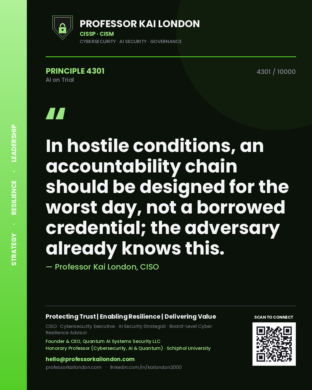 Quote card by Professor Kai London reading 'In hostile conditions, an accountability chain should be designed for the worst day, not a borrowed credential; the adversary already knows this.'. From the book AI on Trial.