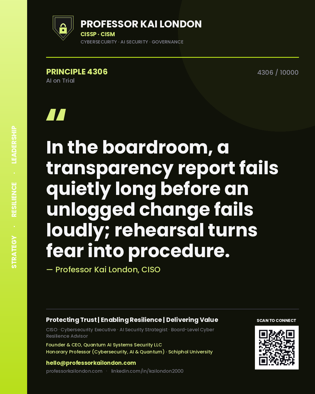 Quote card by Professor Kai London reading 'In the boardroom, a transparency report fails quietly long before an unlogged change fails loudly; rehearsal turns fear into procedure.'. From the book AI on Trial.