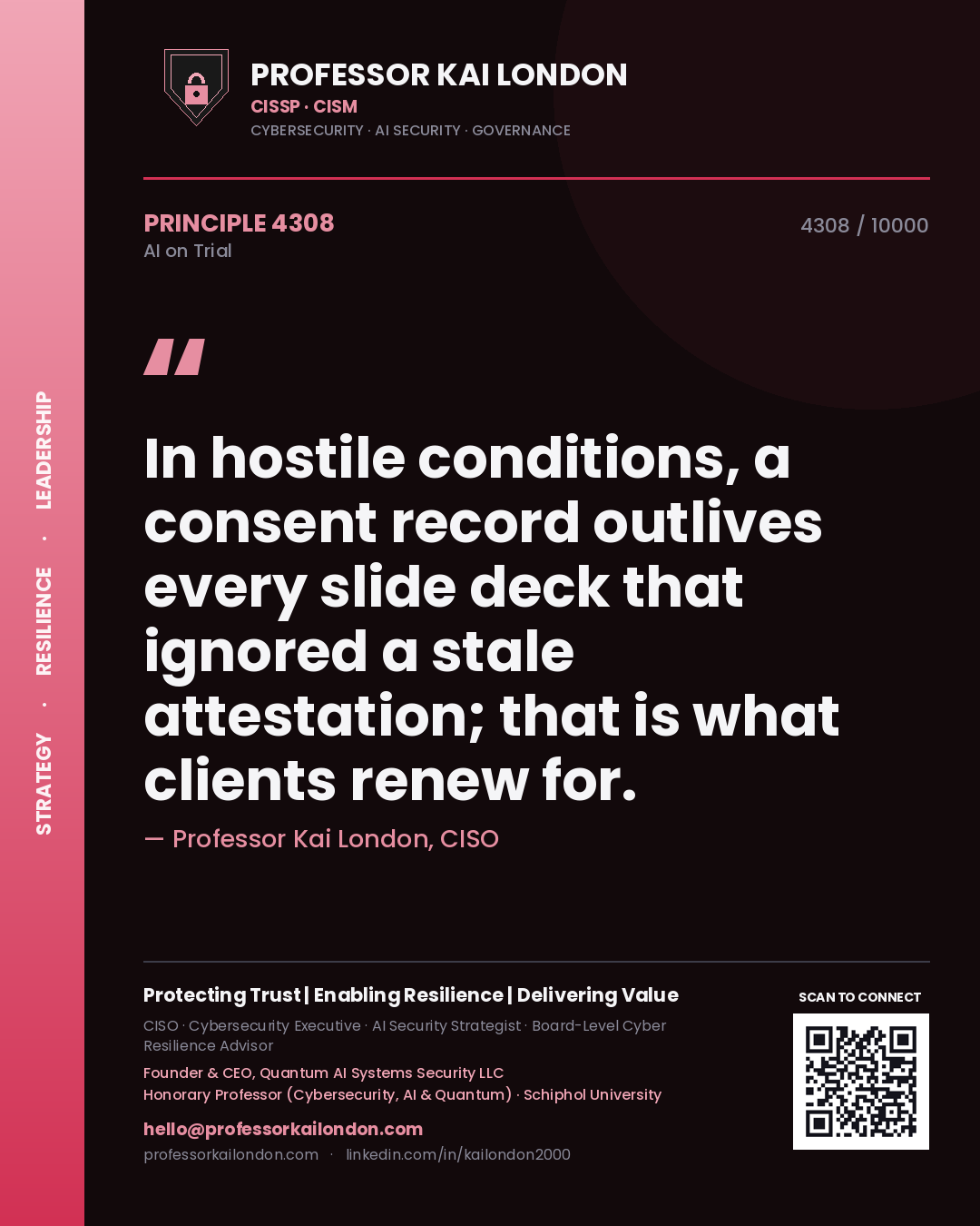 Professor Kai London principle 4308: In hostile conditions, a consent record outlives every slide deck that ignored a stale attestation; that is what clients renew for.