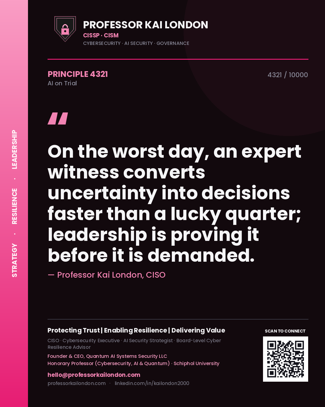 Quote card by Professor Kai London reading 'On the worst day, an expert witness converts uncertainty into decisions faster than a lucky quarter; leadership is proving it before it is demanded.'. From the book AI on Trial.