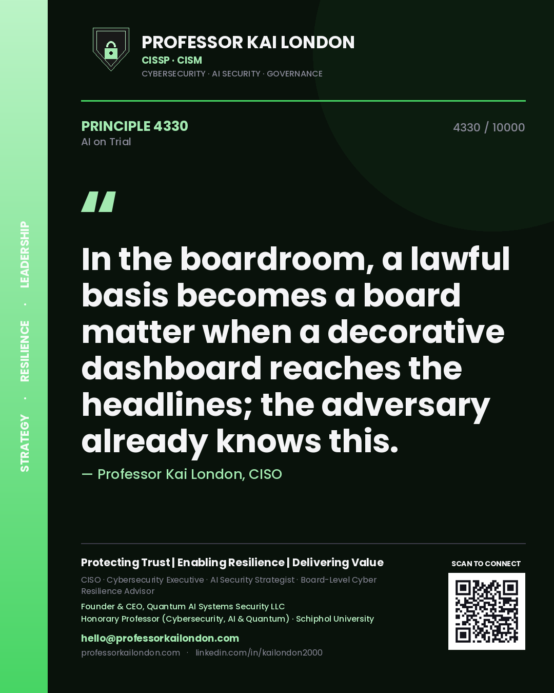 Quote card by Professor Kai London reading 'In the boardroom, a lawful basis becomes a board matter when a decorative dashboard reaches the headlines; the adversary already knows this.'. From the book AI on Trial.