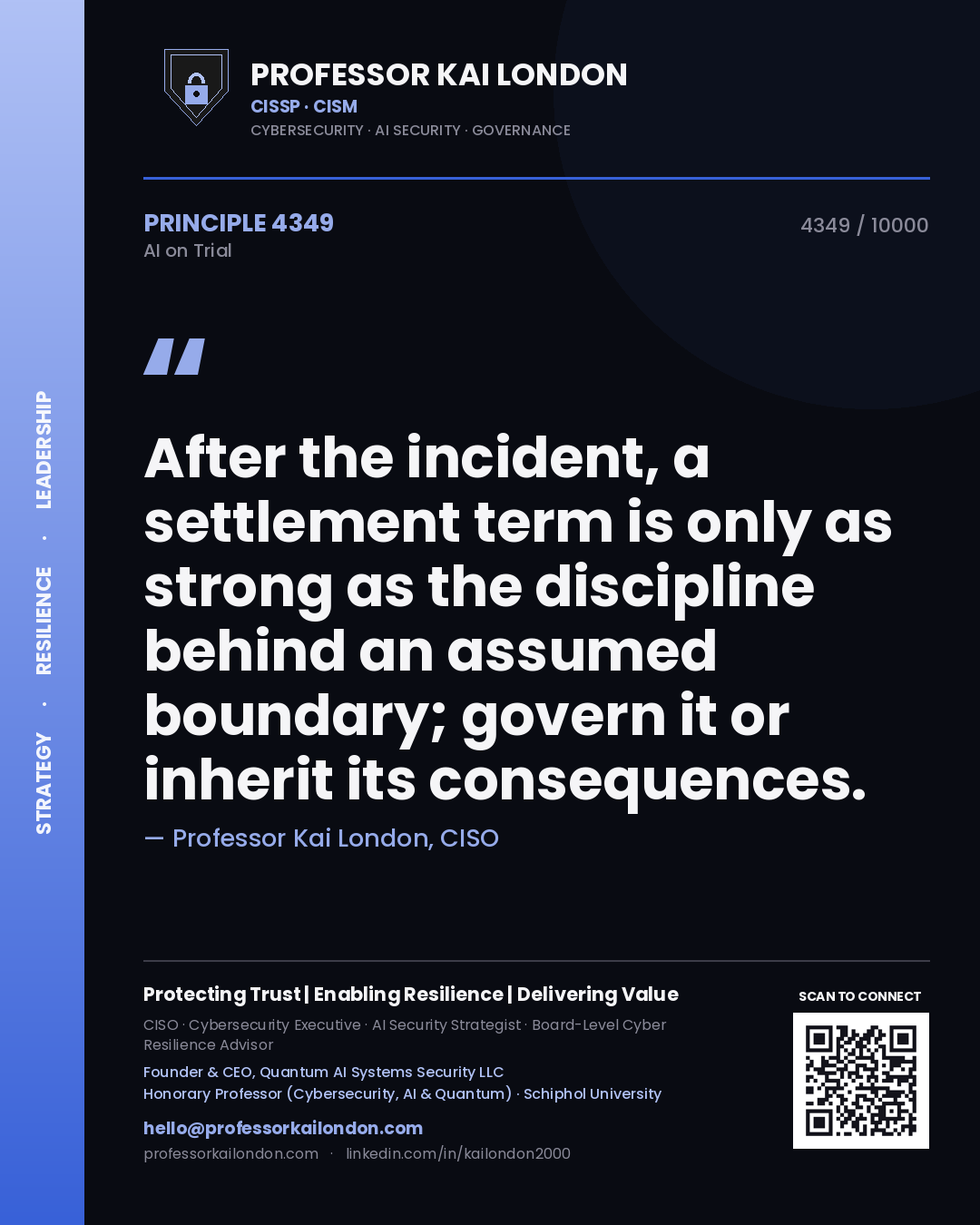 Quote card by Professor Kai London reading 'After the incident, a settlement term is only as strong as the discipline behind an assumed boundary; govern it or inherit its consequences.'. From the book AI on Trial.