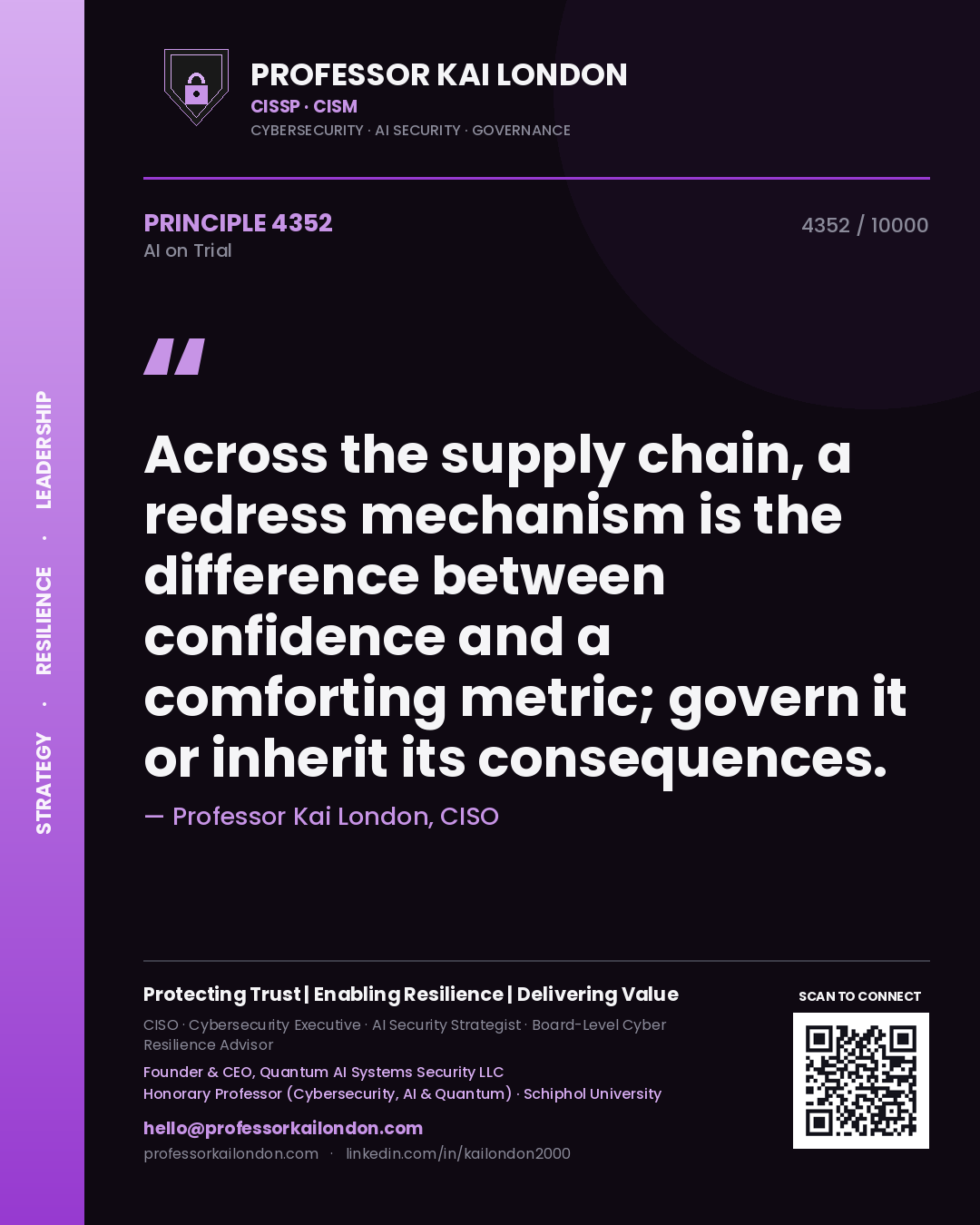 Quote card by Professor Kai London reading 'Across the supply chain, a redress mechanism is the difference between confidence and a comforting metric; govern it or inherit its consequences.'. From the book AI on Trial.