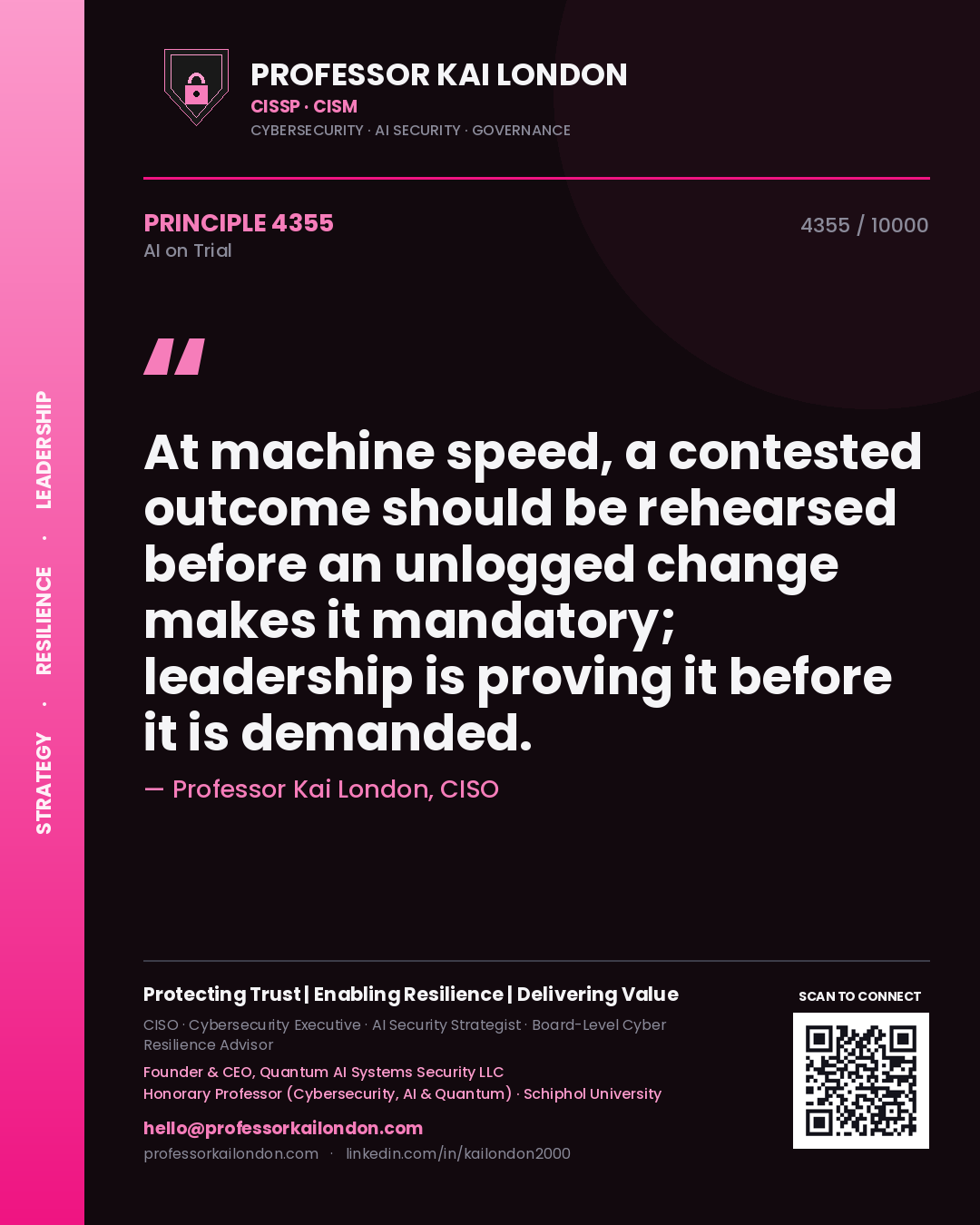 Quote card by Professor Kai London reading 'At machine speed, a contested outcome should be rehearsed before an unlogged change makes it mandatory; leadership is proving it before it is demanded.'. From the book AI on Trial.