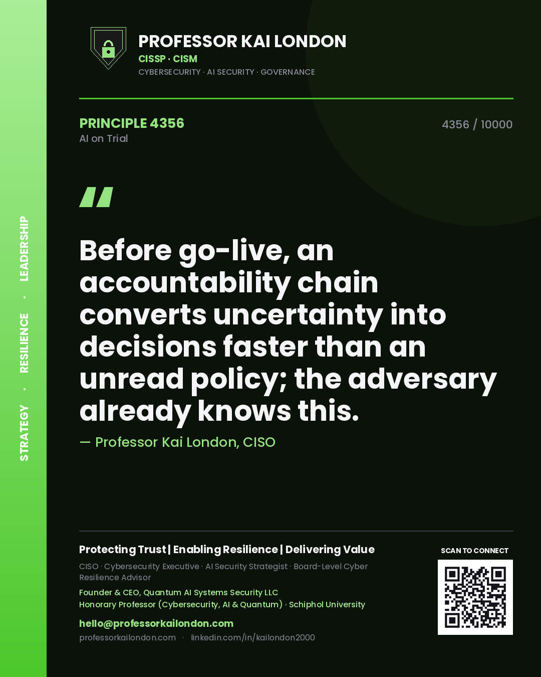 Quote card by Professor Kai London reading 'Before go-live, an accountability chain converts uncertainty into decisions faster than an unread policy; the adversary already knows this.'. From the book AI on Trial.
