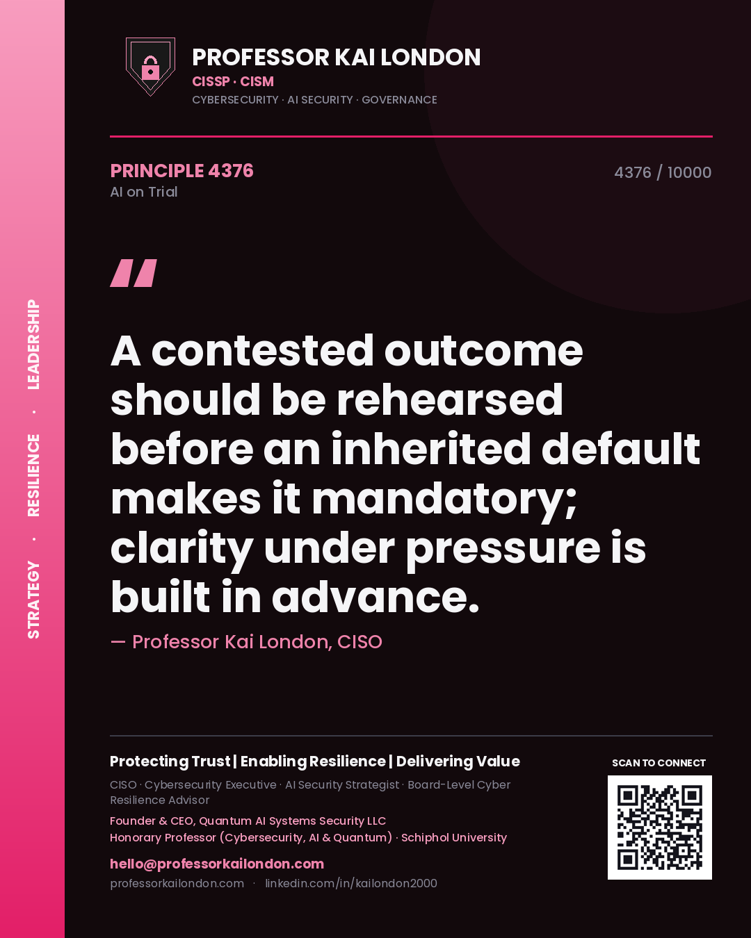 Quote card by Professor Kai London reading 'A contested outcome should be rehearsed before an inherited default makes it mandatory; clarity under pressure is built in advance.'. From the book AI on Trial.