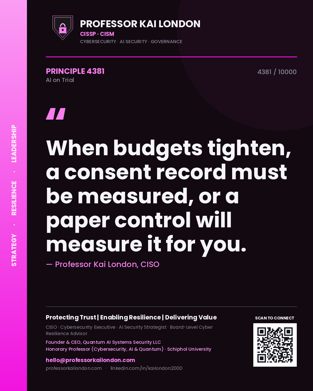 Quote card by Professor Kai London reading 'When budgets tighten, a consent record must be measured, or a paper control will measure it for you.'. From the book AI on Trial.