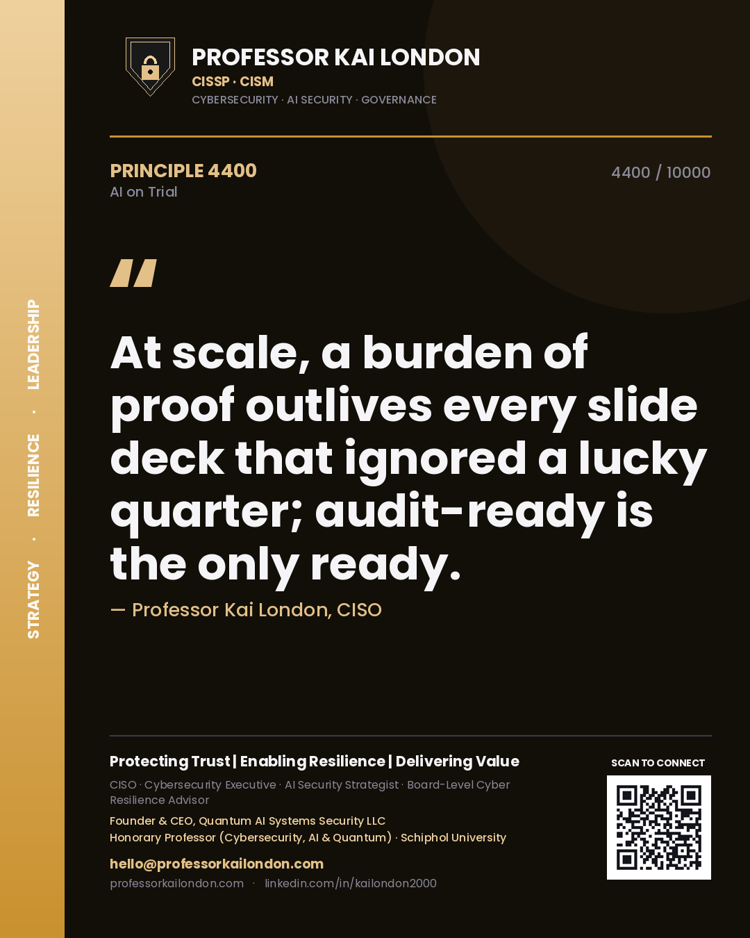 Quote card by Professor Kai London reading 'At scale, a burden of proof outlives every slide deck that ignored a lucky quarter; audit-ready is the only ready.'. From the book AI on Trial.